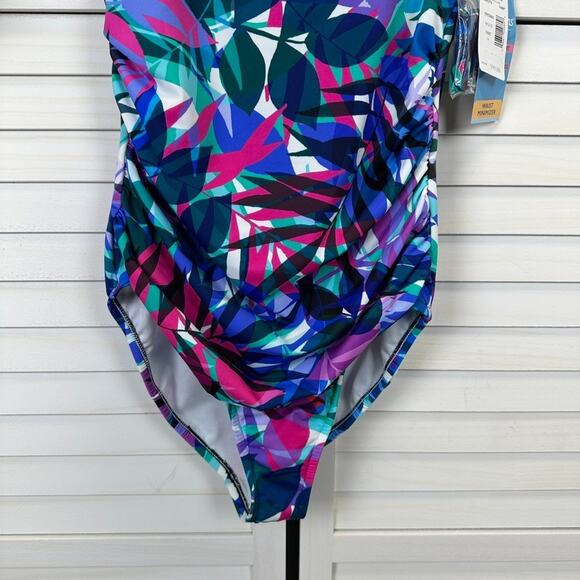New Swim Solutions Off Shoulder Swimsuit Tropical Multi Slimming Size 14 - Picture 4 of 11